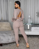 V Neck Backless Lantern Sleeve Tops Tight Pants Suit FENF-6055