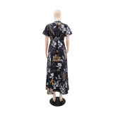 Print Ruffles Sleeve V Neck Midi Dress GYLY-10913