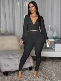 V Neck Backless Lantern Sleeve Tops Tight Pants Suit FENF-6055