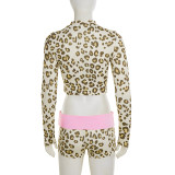 Leopard Letter Print Long Sleeve Tops Two Piece Shorts Set GPKJ-MJS45786