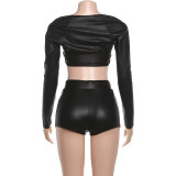 Long Sleeve Solid Color Two Piece Shorts Set DLSF-K25S87081