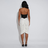 Backless Pleated Contrast Color Midi  Dress BY-7583