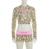 Leopard Letter Print Long Sleeve Tops Two Piece Shorts Set GPKJ-MJS45786