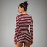 Stripe Patchwork Long Sleeve Two Piece Shorts Set MDF-5537