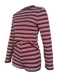 Stripe Patchwork Long Sleeve Two Piece Shorts Set MDF-5537