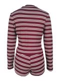 Stripe Patchwork Long Sleeve Two Piece Shorts Set MDF-5537