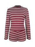 Stripe Patchwork Long Sleeve Two Piece Shorts Set MDF-5537