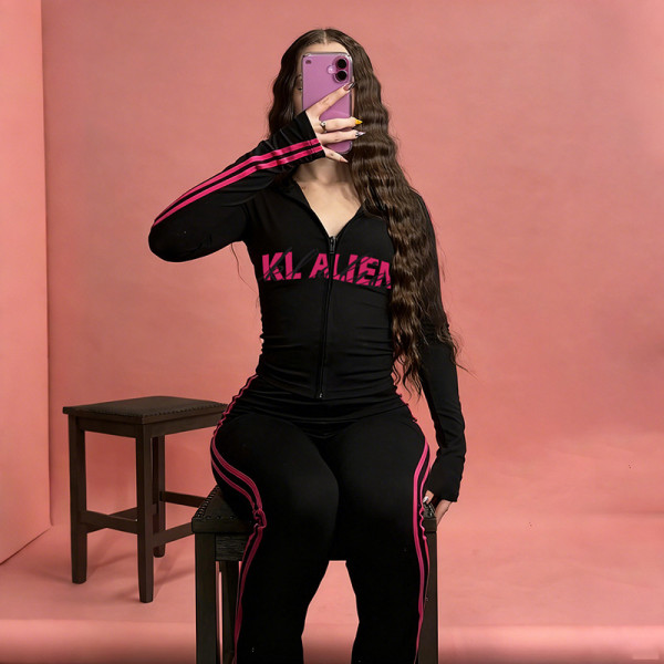 Letter Print Zipper Hooded Sport Pants Suit GSLF-K25S82989