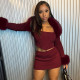Long Sleeve Patchwork Furrzy Neck Three Piece Skirt Set GSLF-K25S85367