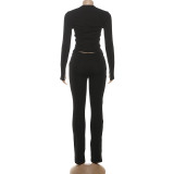 Hollow Out Zipper Tops Two Piece Pants Set GSLF-K25S84204