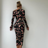 Print Long Sleeve Ruched Midi Dress GSLF-K25D83941
