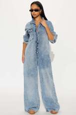 Fashion Denim Long Sleeve Flare Jumpsuit LX-8607