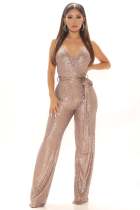 Sequin Sling V Neck Tie Up Jumpsuit GYOM-8817