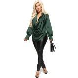 Long Sleeve Deep V-neck Satin Blouse GYOM-8793
