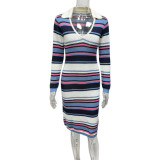 Stripe Contrast Color Knits Midi Dress GQNF-Y00303DM