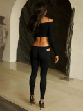 One Shoulder Long Sleeve Hollow Out Two Piece Pants Set GQNF-Y00410SC