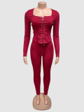 Solid Color Long Sleeve Tie Up 2 Piece Pants Set GQNF-Y00391SC