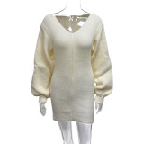 Solid Color V Neck Knits Mini Dress GQNF-Y00492DD