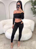 One Shoulder Long Sleeve Hollow Out Two Piece Pants Set GQNF-Y00410SC