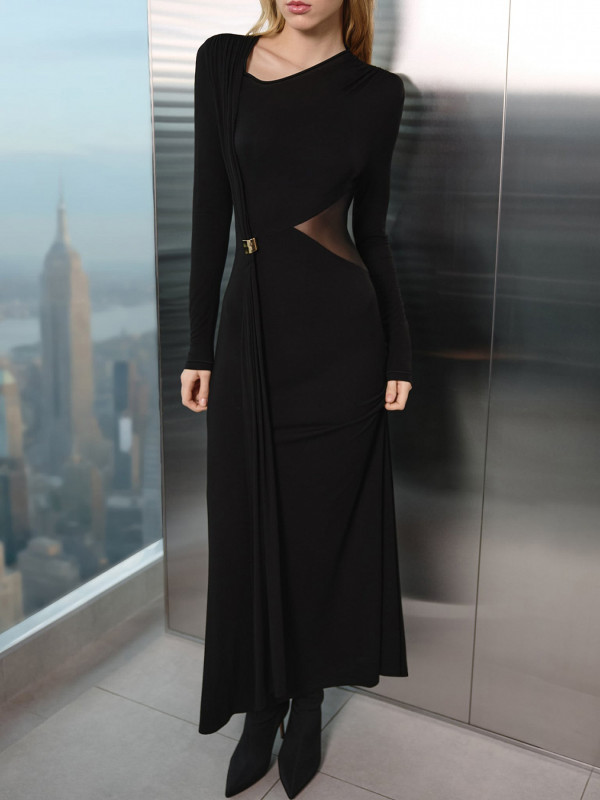 Button Metal Long-Sleeve Mesh Patchwork Maxi Dress GQNF-Y00440DC