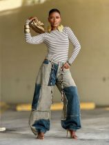Two-tone Patchwork Contrast Frayed Edge Jeans GYLN-5943