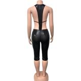 Deep V Neck Backless Tops Fifth Pants 2 Piece Set GQNF-Y00401SC