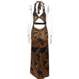 Sexy Backless Print Ruched Maxi Dress GQNF-Y00201DC