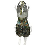 Irregular V Neck Print Backless MIni Dress GQNF-Y00229DC