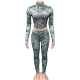 Zipper Print Long Sleeve Tops Pants 2 Piece Set GQNF-Y00263SC