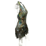 Irregular V Neck Print Backless MIni Dress GQNF-Y00229DC