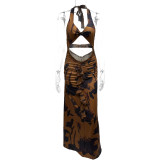 Sexy Backless Print Ruched Maxi Dress GQNF-Y00201DC