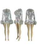 Solid Color Furry Neck Two Piece Shorts Set CH-25073