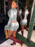 Solid Color Furry Neck Two Piece Shorts Set CH-25073