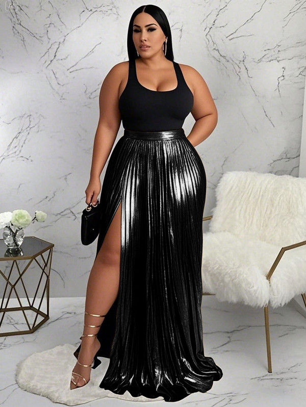 Plus Size Solid Color Press Pleated Split Long Skirts NNWF-6086
