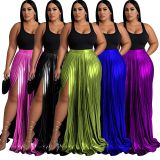 Plus Size Solid Color Press Pleated Split Long Skirts NNWF-6086