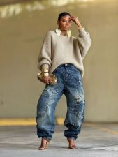 Plus Size Holes Patchwork Washed Loose Jeans GYLN-0044