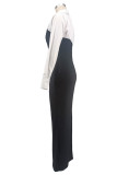 Lapel Shirt Long Sleeve Patchwork Split Maxi Dress XHXF-478