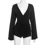 Deep V  Neck Flare Long Sleeve Romper GDSF-D25RP539