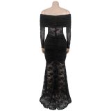 One Shoulder Lace Ruched Maxi Dress BY-7620
