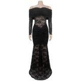 One Shoulder Lace Ruched Maxi Dress BY-7620