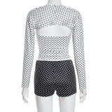Contrast-Color Polka Dot Print Long-Sleeve Short Suit GDSF-D25ST398