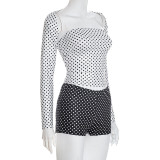 Contrast-Color Polka Dot Print Long-Sleeve Short Suit GDSF-D25ST398