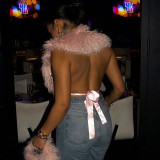 Tie Up Deep-V Back Halterneck Fur Top GDSF-J25TP283