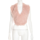 Tie Up Deep-V Back Halterneck Fur Top GDSF-J25TP283