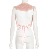Tie Up Deep-V Back Halterneck Fur Top GDSF-J25TP283