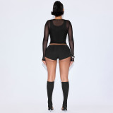 Sexy Mesh Long Sleeve Tight Four Piece Short Set GDSF-D25ST389