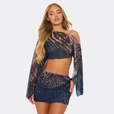 Mesh One Shoulder Long Sleeve Tight Skirt Suit GDSF-D25ST403