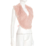 Tie Up Deep-V Back Halterneck Fur Top GDSF-J25TP283