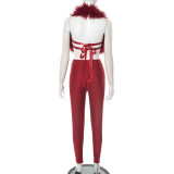 Furzzy Halterneck Backless Two Piece Pants Set GDSF-C25ST141