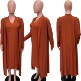 Solid-color Cape Coat+V-neck Dress Two Piece Set BGN-BN320